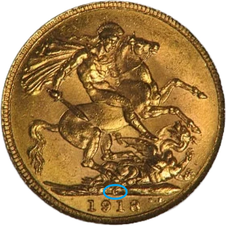 1918 Canadian Gold Sovereign - Reverse Side with "C" mint mark circled