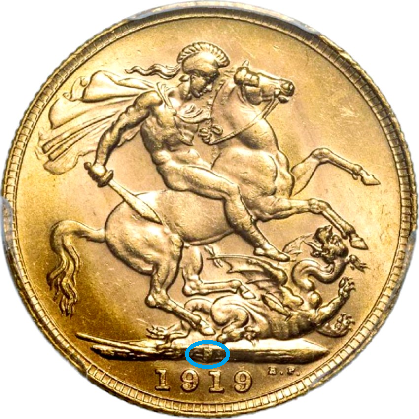1919 Royal Mint in Perth, Australia, Gold Sovereign - Reverse Side with "P" mint mark circled