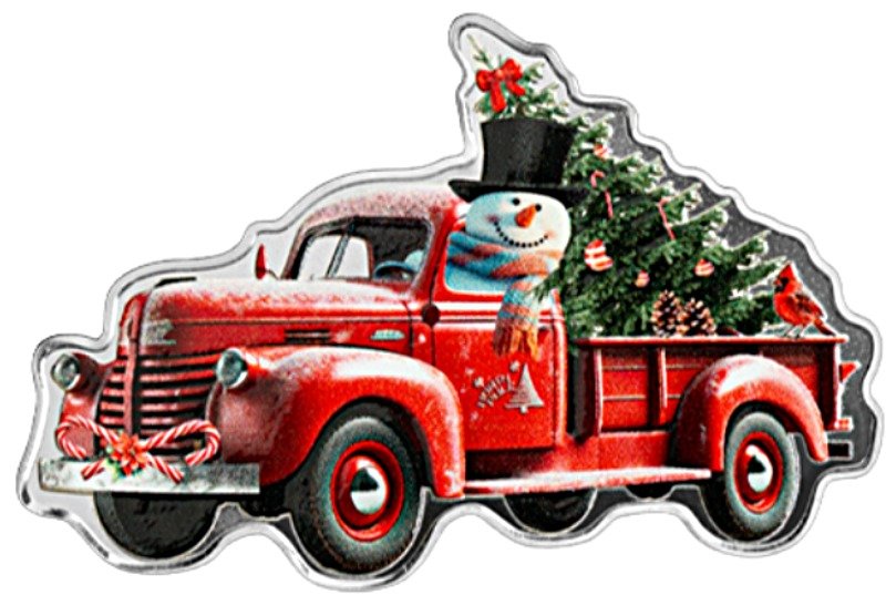 PAMP 1oz Silver Christmas Snowman and Red Truck Coin - obverse side