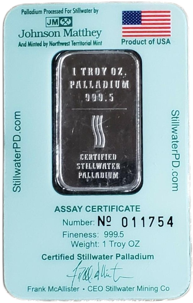 Johnson Matthey 1oz. Stillwater Palladium Bullion Bar - Reverse Side