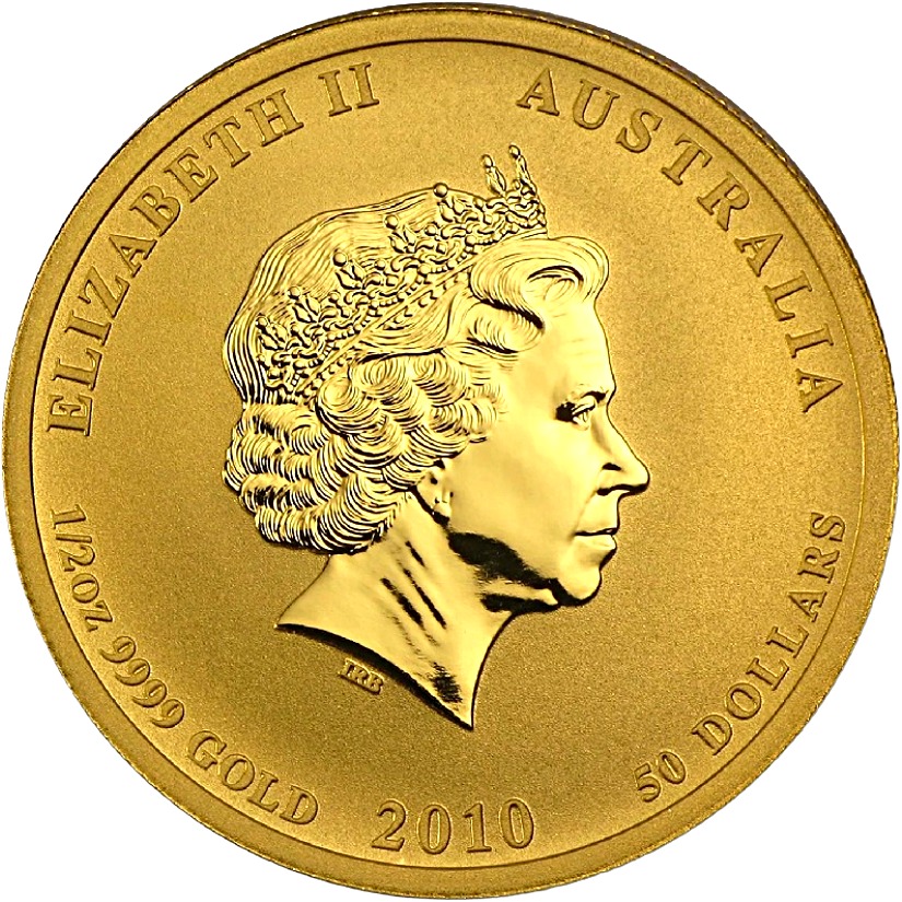 2010 - 1/2 oz. Australian Gold Lunar Bullion Coin - Year of the Tiger - Series II - Obverse side