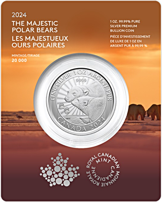 2024 - 1oz Silver Majestic Polar Bear Premium Bullion Coin in Assay Card