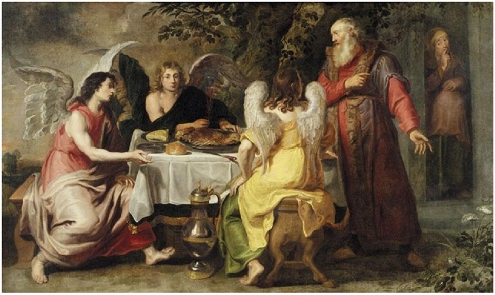 Painting: Abraham and the Three Angels by Willem van Herp (Abraham's wife Sarah is in the background)