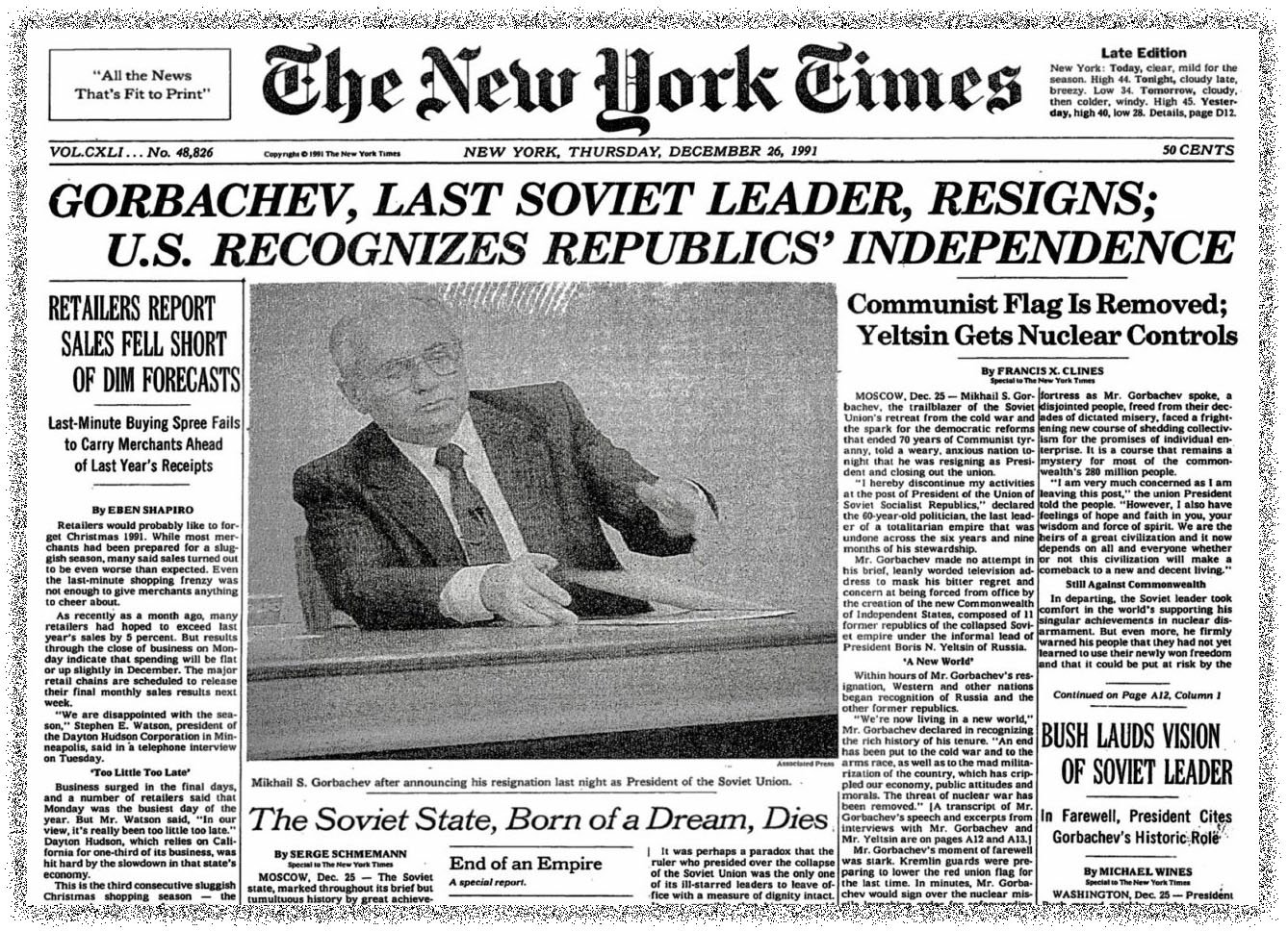 December 26, 1991 - New York Times Front Page