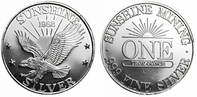 1982 - 1oz Sunshine Mining - "Sunshine Silver Eagle Round" obverse/reverse side